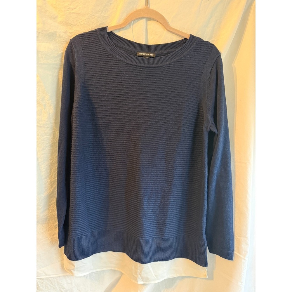 Hilary Radley Navy Blue Ribbed Layered Look Sweater White Hem Split Back Large